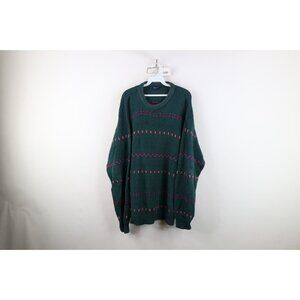 Vintage 90s Streetwear Mens XL Distressed Fair Isle Knit Crewneck Sweater Green